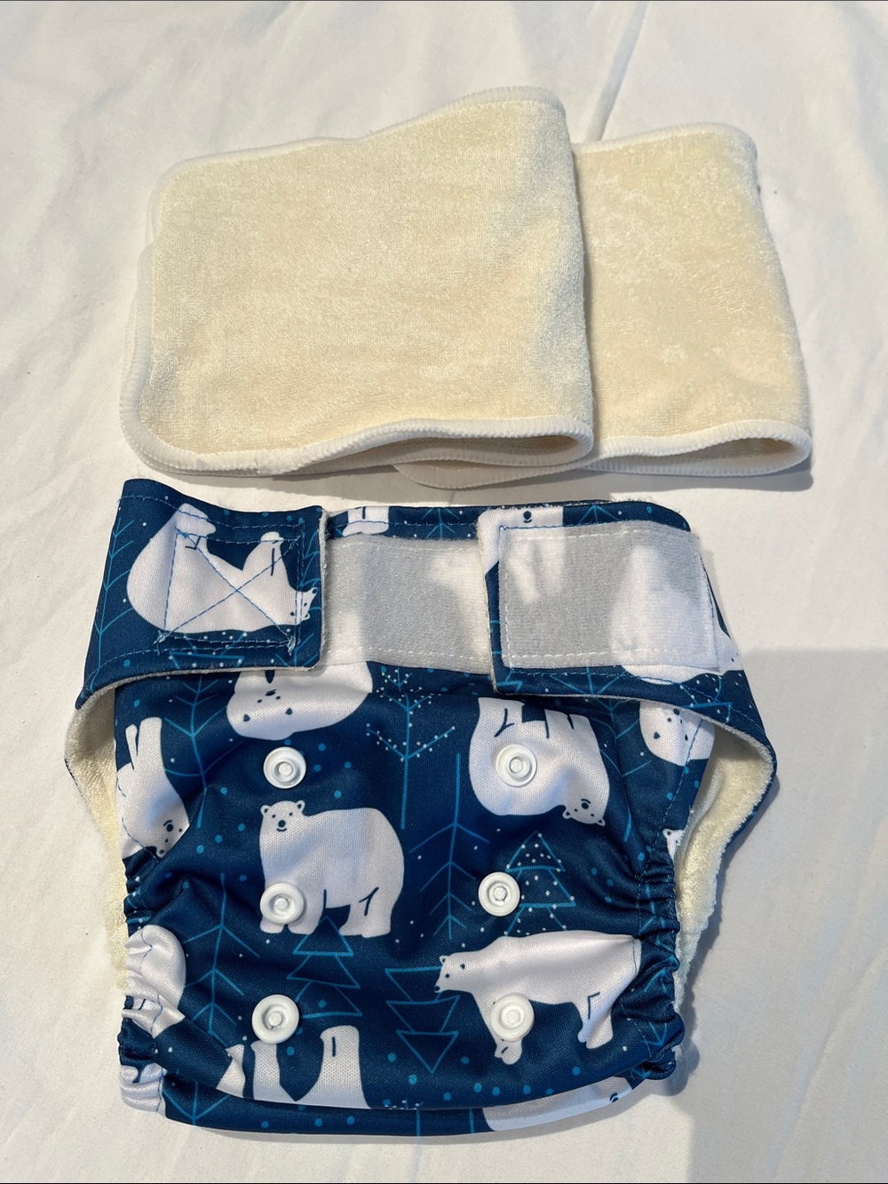 Navy Polar Bear Print Adjustable Cloth Diaper with White Inserts